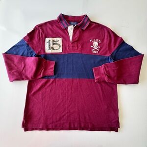 Polo Ralph Lauren Maroon Navy Rugby Shirt Patches LARGE Slim Fit Large Vintage